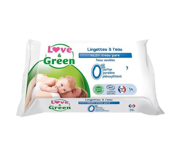 Wasserfeuchttücher für empfindliche Haut Love & Green - Packung mit 56 Tüchern