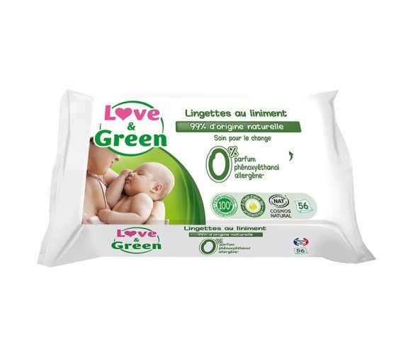 Liniment-Tücher für den Windelwechsel Baby Love & Green - Packung mit 56 Tüchern