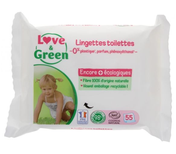 Duftfreie Toilettenfeuchttücher Love & Green - Packung mit 55 Tüchern