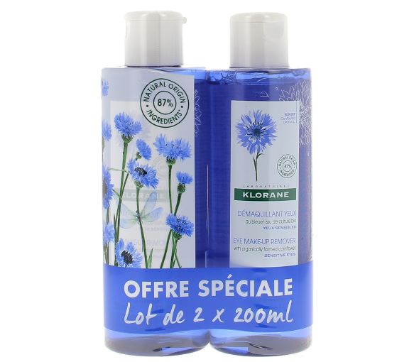 Beruhigendes Kornblumen-Blütenwasser-Make-up-Entferner Klorane - 2er-Pack mit 200 ml Flaschen