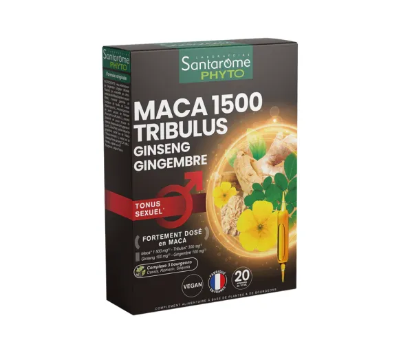 Maca 1500 Tribulus Ginseng Ingwer Sexuelle Leistungsfähigkeit Santarome - Packung mit 20 Ampullen - image 1