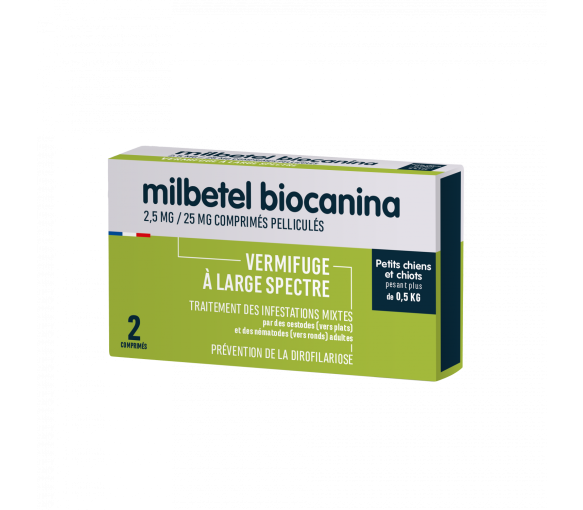 Milbetel 2,5mg/25mg Wurmkur für kleine Hunde und Welpen +0,5kg Biocanina - Packung mit 2 Tabletten