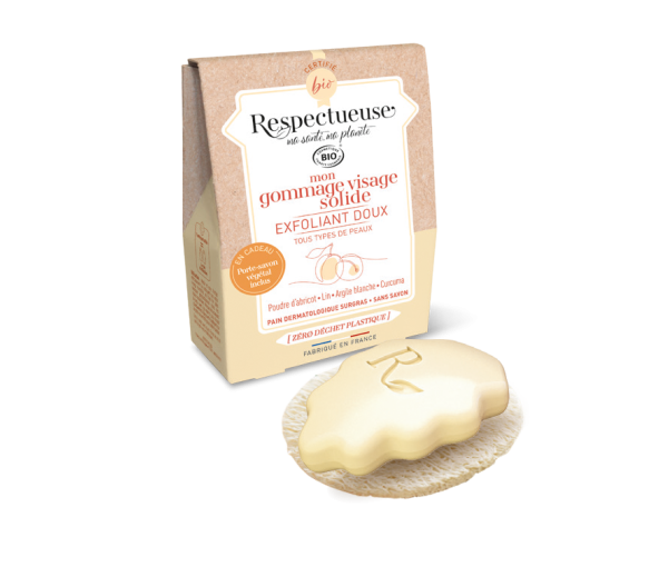 Mein sanftes, bio-zertifiziertes Gesichts-Peeling in fester Form Respectueuse - 35g Stück + kostenloser Pflanzen-Seifenhalter