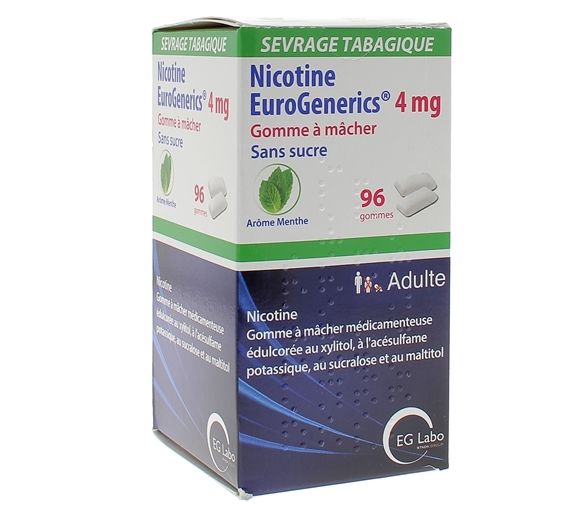 Nikotin 4mg Minze zuckerfreie Kaugummis EuroGenerics EG Labo - Packung mit 96 Kaugummis