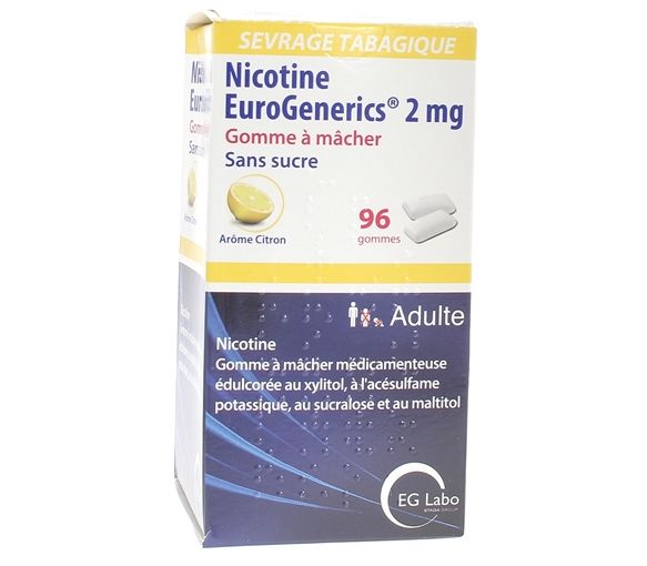 Nikotin EuroGenerics 2mg zuckerfrei Zitronenaroma - Packung mit 96 Kaugummis