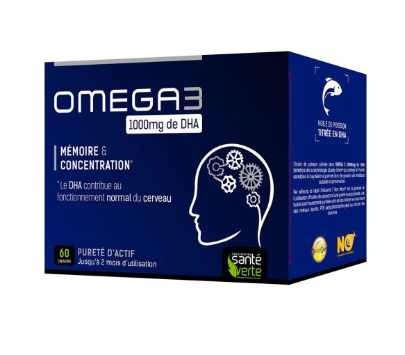 Omega 3 1000 mg DHA Gedächtnis und Konzentration Gesundheit Grün - 60 Tabletten