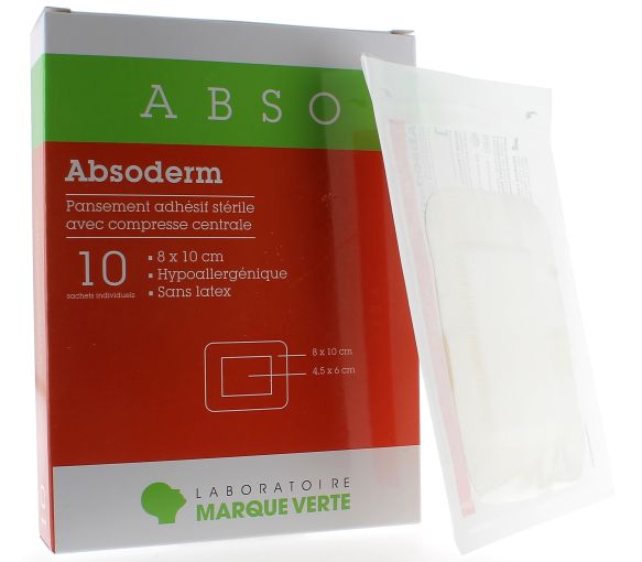 Absoderm Steriler Wundverband mit zentralem Polster 8x10 cm Grüne Marke - Packung mit 10 Einzelbeuteln