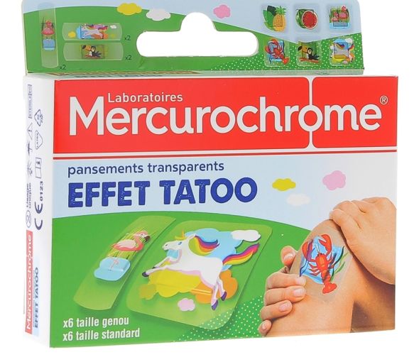 Transparente Pflaster Tattoo-Effekt Mercurochrome - Schachtel mit 12 Pflastern