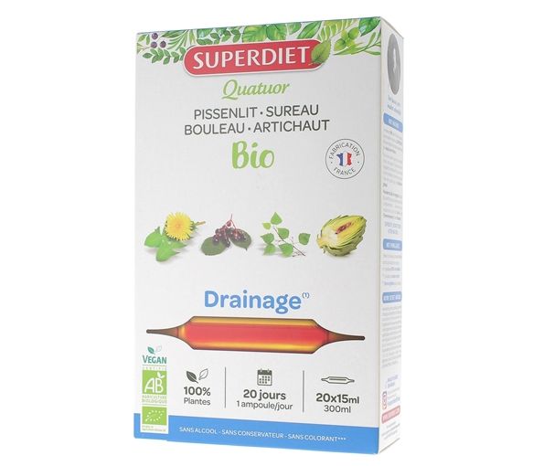 Quatuor BIO Drainage: Löwenzahn, Holunder, Birke, Artischocke Super Diet - 20 Ampullen