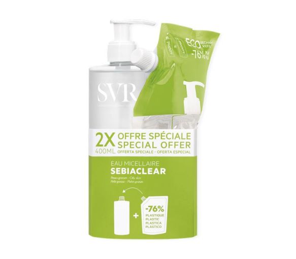 Sebiaclear Mizellenwasser SVR - Set mit einer Flasche von 400 ml + einem Nachfüllpack von 400 ml