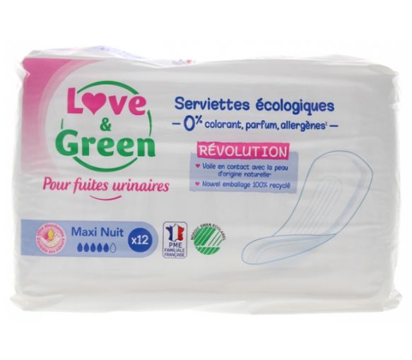 Ökologische Maxi-Nacht-Slipeinlagen Love & Green - Packung mit 12 Slipeinlagen