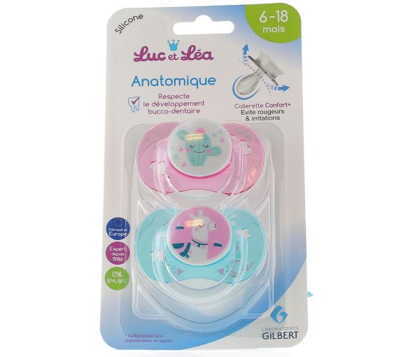 Anatomische Silikon-Schnuller mit Ring 6-18 Monate Modell Regenbogen und Einhorn Luc und Léa - 2 Schnuller