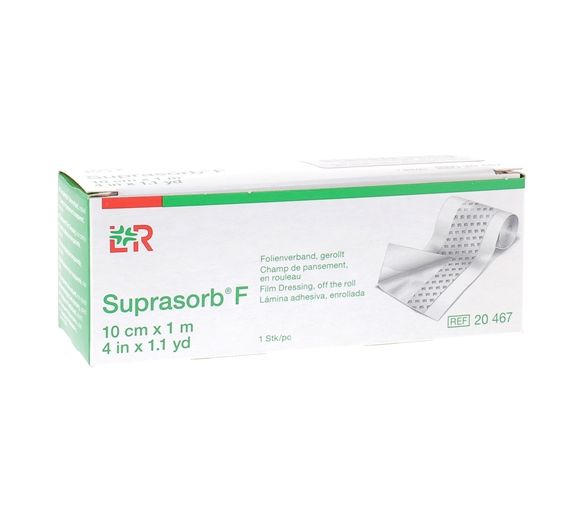 Suprasorb F Transparentes, nicht steriles Verbandmaterial in Rolle 10 cm x 1 m Lohmann & Rauscher - Schachtel mit einem Stück
