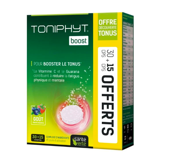 Toniphyt Boost Geschmack rote Früchte Gesundheit Grün - 30 Brausetabletten + 15 gratis