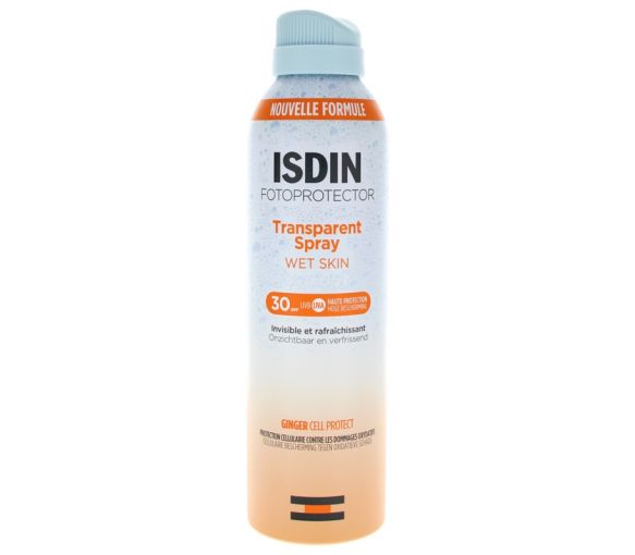 Spray-Sonnencreme Transparent Wet Skin SPF30 Fotoprotector Isdin - Flasche mit 250ml