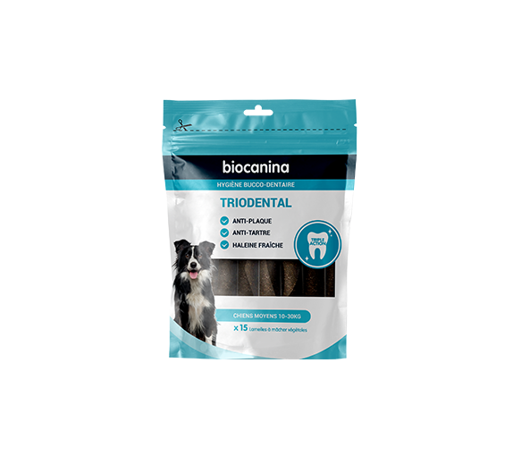 Triodental Kaustreifen für mittelgroße Hunde 10-30kg Biocanina - Beutel mit 15 pflanzlichen Kaustreifen