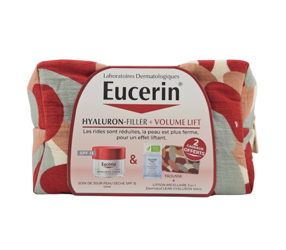 Hyaluron-Filler + Volumen-Lift Tagespflege für trockene Haut Eucerin - 50ml Tiegel + DermatoCLEAN 100ml und kostenlose Tasche