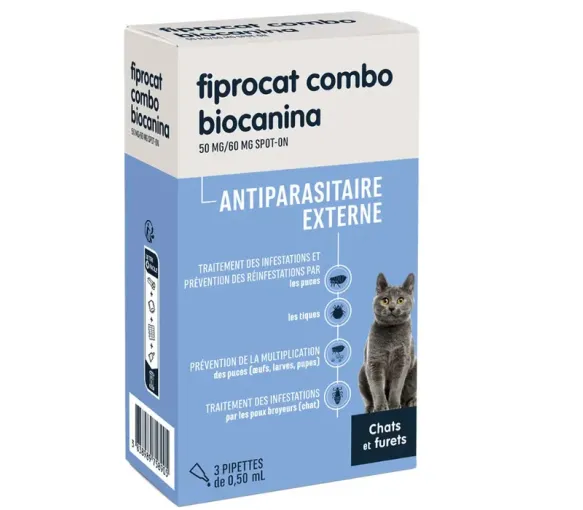 Fiprocat Combo 50 mg/60 mg äußeres Antiparasitikum für Katzen und Frettchen Biocanina - Packung mit 3 Pipetten zu 0,5 ml