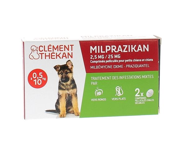 Milprazikan 2,5 mg / 25 mg Filmtabletten für kleine Hunde Clément Thékan - Packung mit 2 Filmtabletten