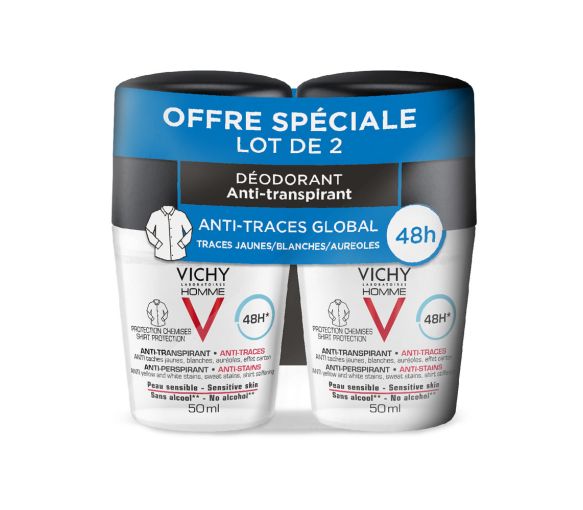Vichy Männer Deodorant Antitranspirant Anti-Spuren Global - 2er Pack mit 50 ml Flaschen