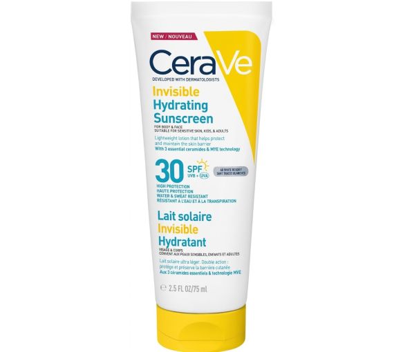 Unsichtbare feuchtigkeitsspendende Sonnenmilch SPF30+ hoher Schutz für Gesicht und Körper CeraVe - 75ml Tube