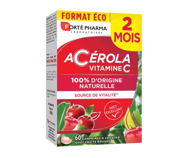 Acerola Geschmack rote Früchte Forté Pharma Energie - Packung mit 60 Kautabletten