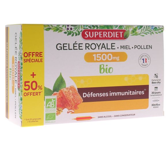 Bio-Gelee Royale 1500 mg Akazienhonig Pollen Super Diet - 20 Ampullen + 10 geschenkt