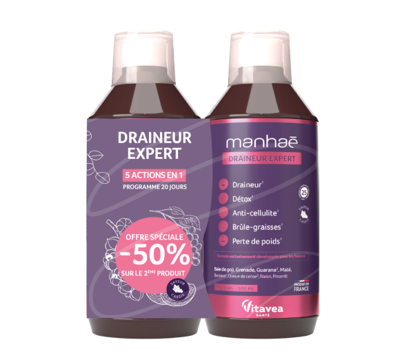 Manhaé Entwässerungsexperte 5 Aktionen in 1 Programm 20 Tage Vitavea - 2 Flaschen à 500ml, die zweite zum -50%