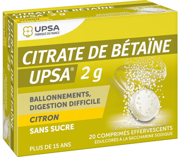 Betaine-Citrat 2g Zitrone zuckerfrei Brausetabletten UPSA - Packung mit 20 Tabletten
