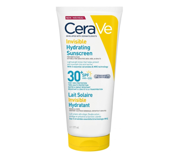 Unsichtbare feuchtigkeitsspendende Sonnenmilch SPF30+ hoher Schutz für Gesicht und Körper CeraVe - Tube mit 177 ml