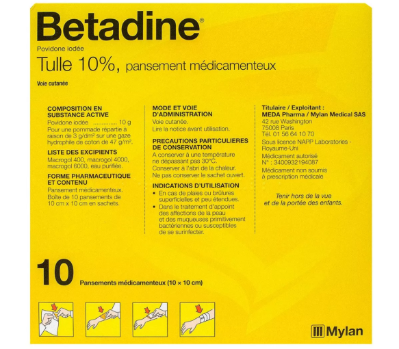 Betadine Tüll 10% medizinischer Verband - Schachtel mit 10 Verbänden