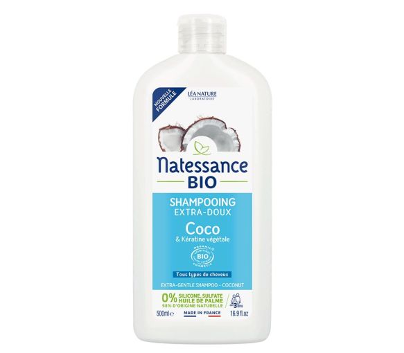 Bio-Kokos- und pflanzliches Keratin Extra Sanft Shampoo Natessance - 500ml Flasche