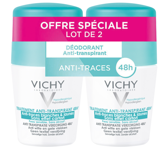 Antitranspirant-Deodorant 48h gegen weiße & gelbe Flecken Vichy - 2er Pack 50 ml Roll-On - image 1