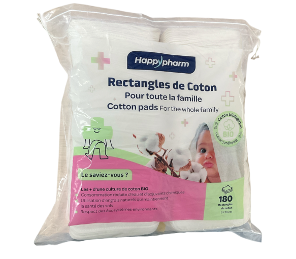 Rectangles de coton Bio Happypharm - sachet de 180 cotons 8x10cm