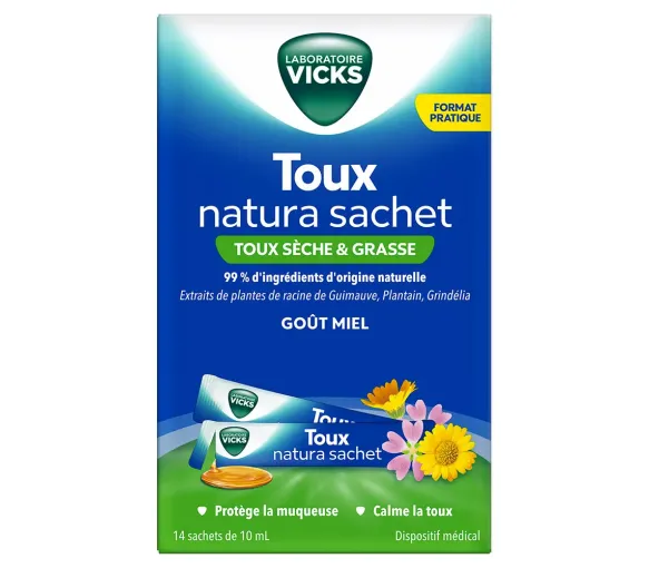 Husten Natura Hustenmittel für trockenen und produktiven Husten mit Honiggeschmack Vicks - Packung mit 14 Beuteln à 10 ml - image 1