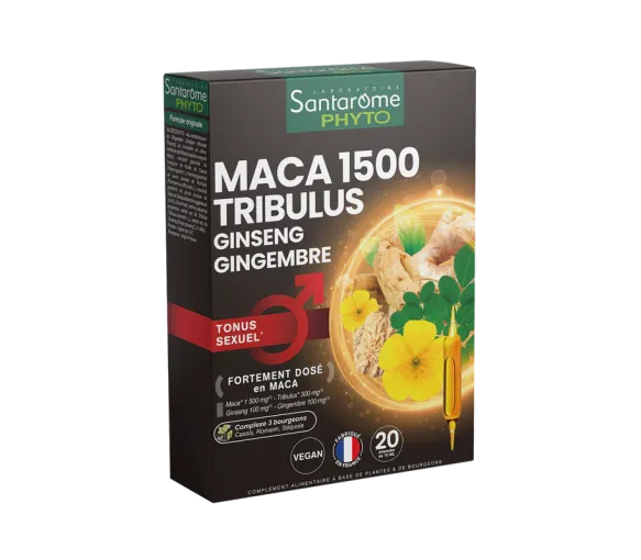 Maca 1500 Tribulus Ginseng Ingwer Sexuelle Leistungsfähigkeit Santarome - Packung mit 20 Ampullen - image 1