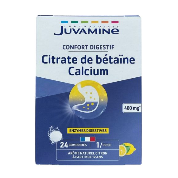 Verdauungskomfort Betainglycin Calcium Zitronenaroma Juvamine - Packung mit 24 Brausetabletten