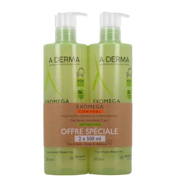 Exomega Control Gel Waschmittel Emollient Anti-Juckreiz A-Derma - 2er-Pack Pumpflaschen à 500ml