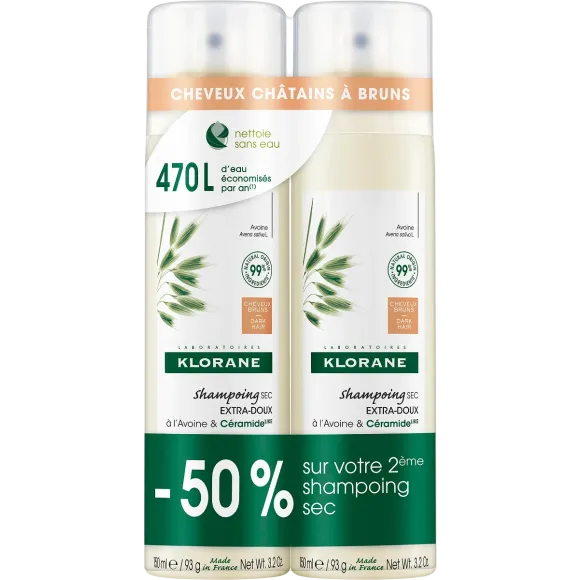 Extra-sanftes, getöntes Trockenshampoo für kastanienbraunes bis braunes Haar von Klorane - 2er-Pack mit 150 ml Sprays