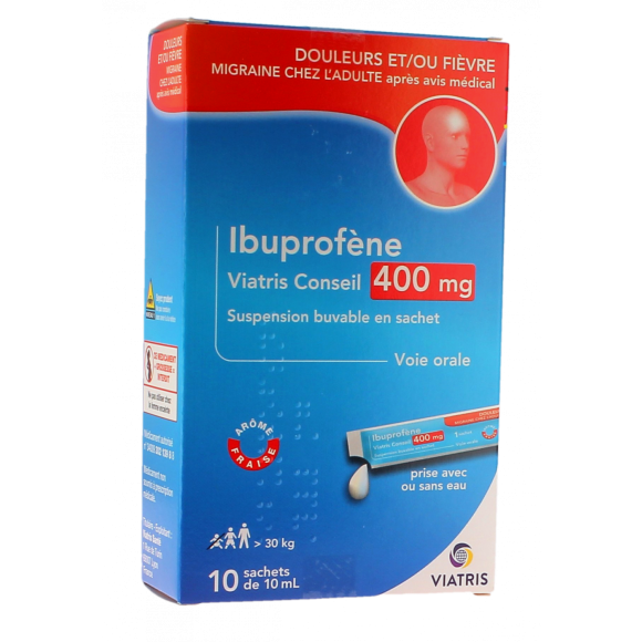 Ibuprofen 400mg Erdbeergeschmack Viatris - Packung mit 10 Beuteln zu 10ml