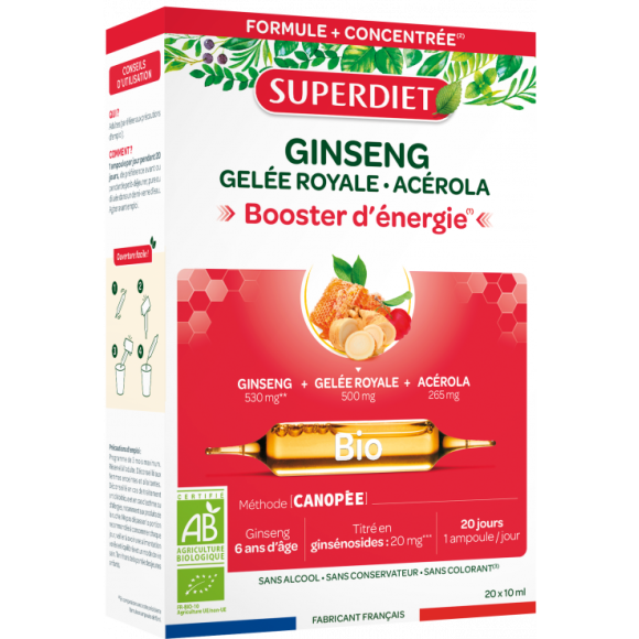 Ginseng panax Gelee Royale Acerola Bio Super Diet - Packung mit 20 Ampullen zu je 15 ml