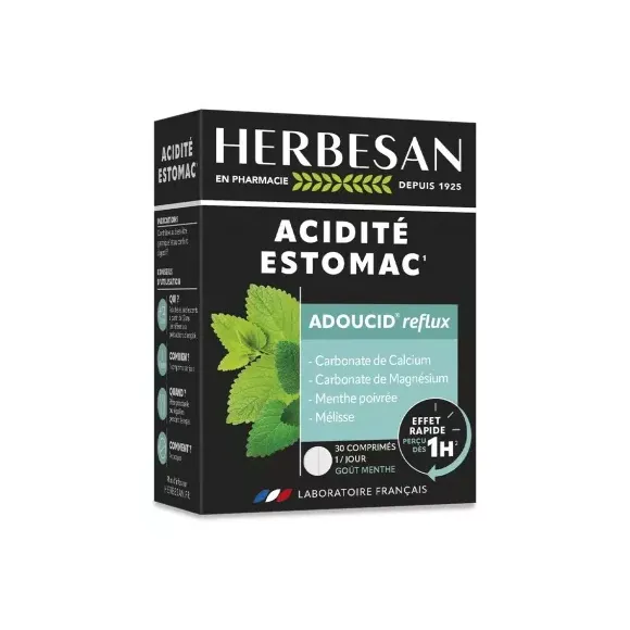 Adoucid Reflux Säure Magen Geschmack Minze Herbesan - Packung mit 30 Kautabletten