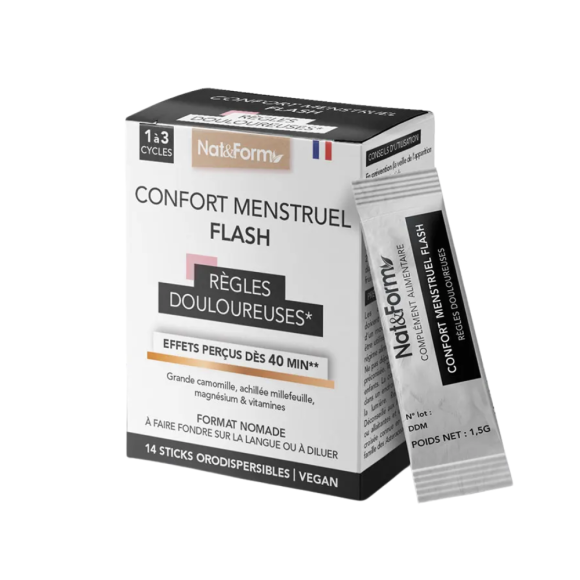 Menstrueller Komfort Blitz schmerzhafte Regel Nat&Form - Box mit 14 orodispersiblen Sticks