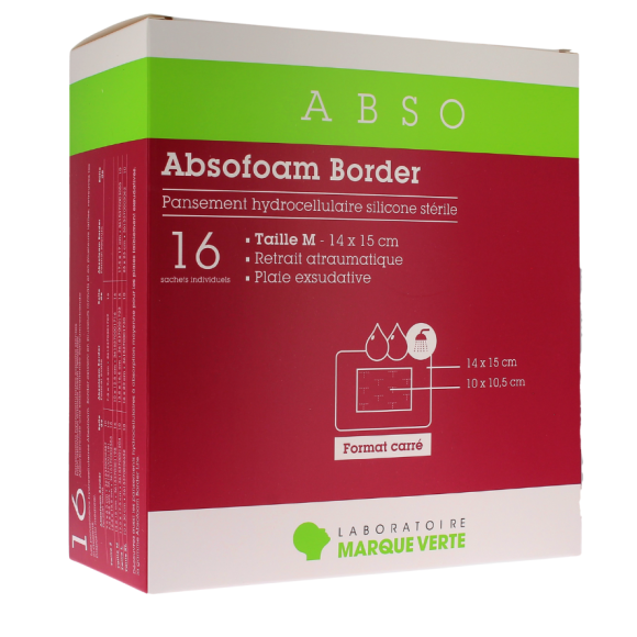 Absofoam Border Hydrocellular Silikonverband steril Größe M Grüne Marke - Schachtel mit 16 Verbänden von 14 x 15 cm
