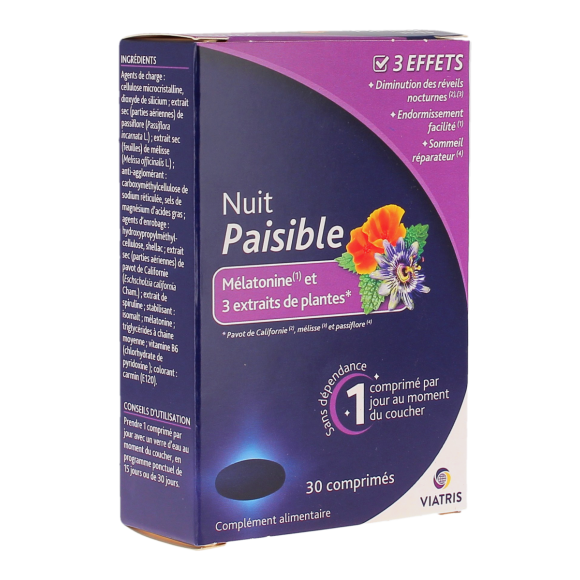 Ruhige Nacht Melatonin und 3 Pflanzenextrakte Viatris - Packung mit 30 Tabletten