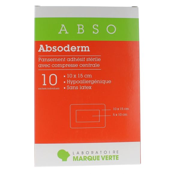Absoderm Sterile Wundverbände mit zentralem Kompress 10x15cm Grüne Marke - Packung mit 10 Einzelbeuteln