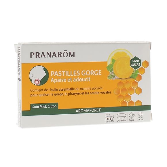 Aromaforce Halspastillen Geschmack Honig-Zitrone Pranarom - Schachtel mit 24 Pastillen