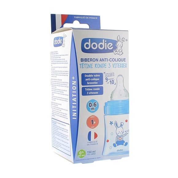 Initiation+ Flasche mit runder Sauger 3 Geschwindigkeiten Boot 0-6 Monate Dodie - 150ml Flasche