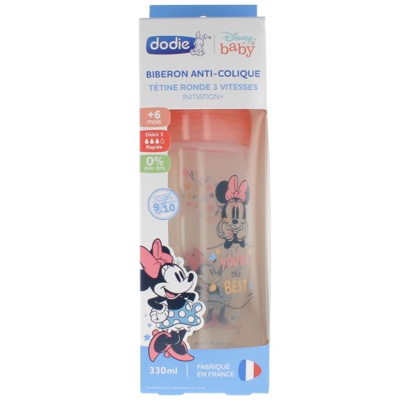 Anti-Kolik-Flasche Disney Baby Minnie mit runder Sauger, 3 Geschwindigkeiten, ab 6 Monaten, Dodie - 330 ml Flasche