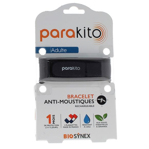 Wiederaufladbares schwarzes Mückenabwehrarmband Parakito - 1 Armband + 2 Nachfüllungen